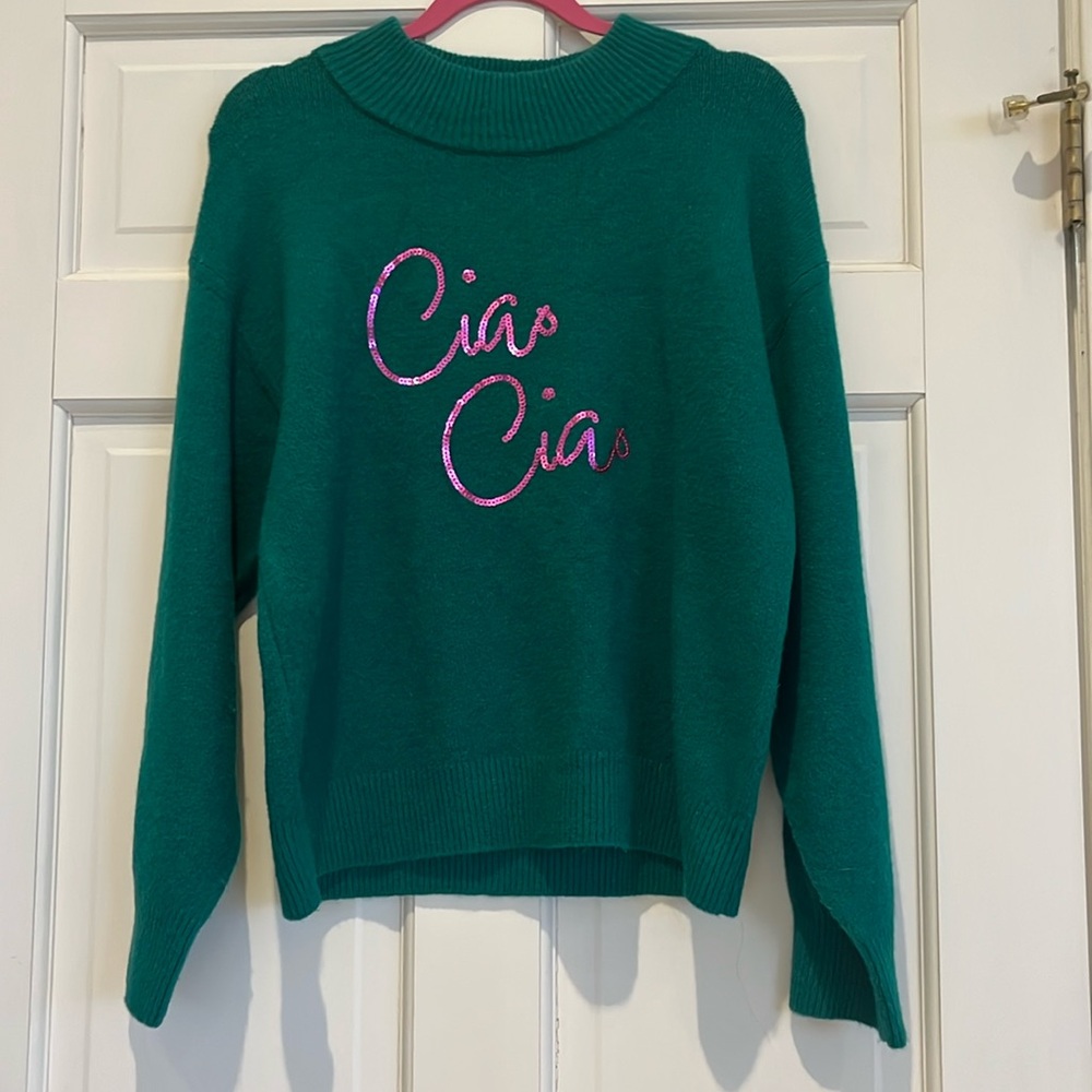 A New Day Ciao Ciao Sequin Text Green Sweater Crew Neck